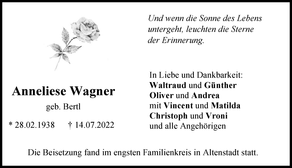 Traueranzeige von Anneliese Wagner von Illertisser Zeitung