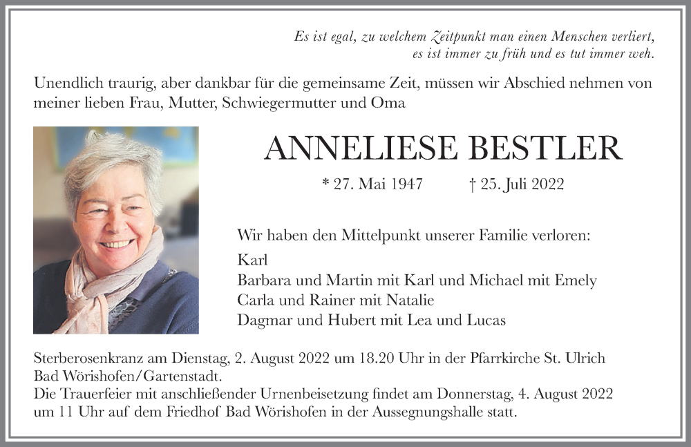 Traueranzeigen von Annelise Bestler | Augsburger Allgemeine Zeitung