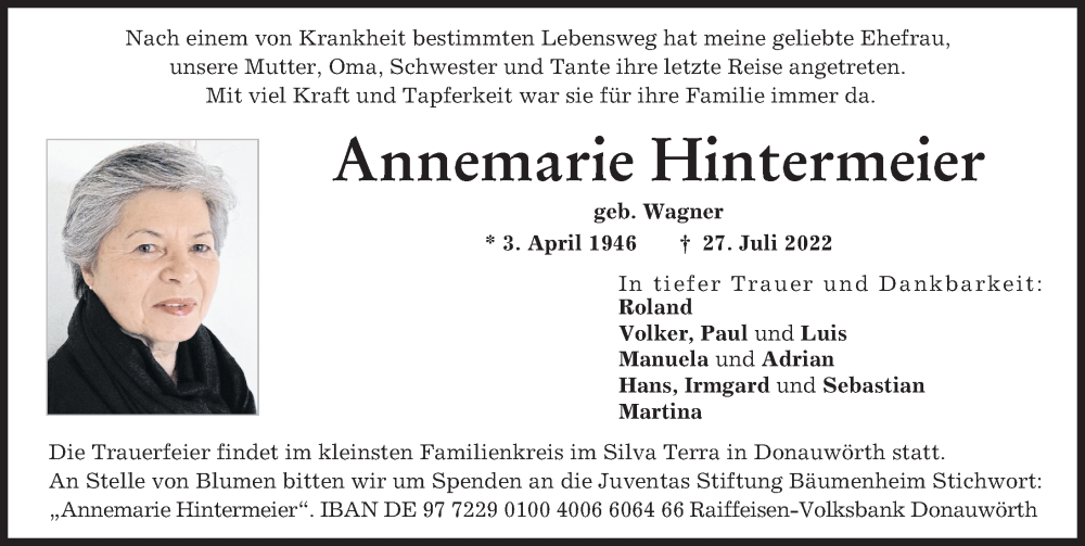 Traueranzeige von Annemarie Hintermeier von Donauwörther Zeitung