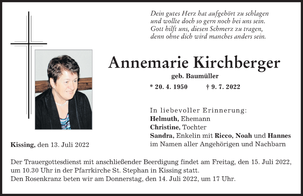 Traueranzeigen Von Annemarie Kirchberger | Augsburger Allgemeine Zeitung