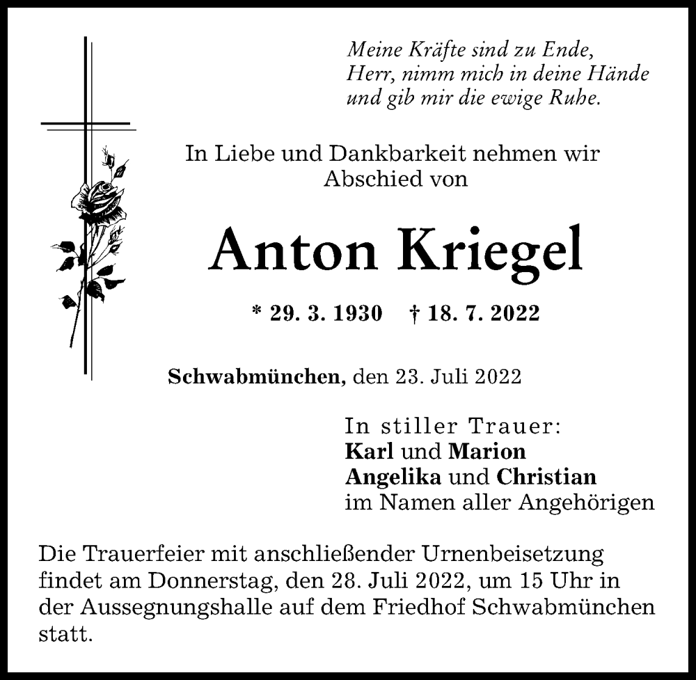 Traueranzeige von Anton Kriegel von Schwabmünchner Allgemeine