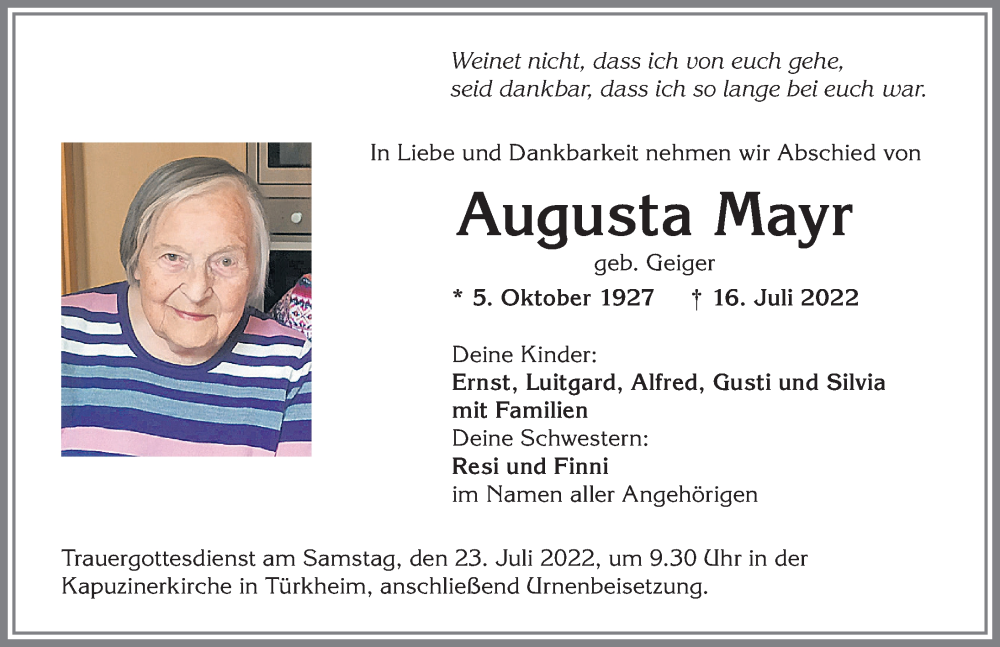 Traueranzeige von Augusta Mayr von Mindelheimer Zeitung