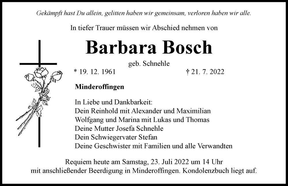 Traueranzeigen von Barbara Bosch Augsburger Allgemeine Zeitung