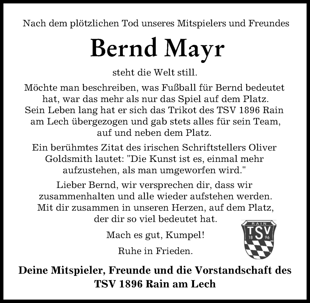  Traueranzeige für Bernd Mayr vom 27.07.2022 aus Donauwörther Zeitung