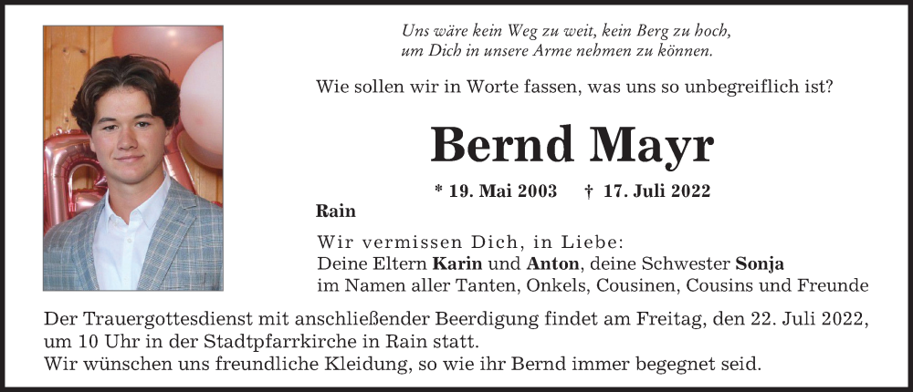  Traueranzeige für Bernd Mayr vom 20.07.2022 aus Donauwörther Zeitung