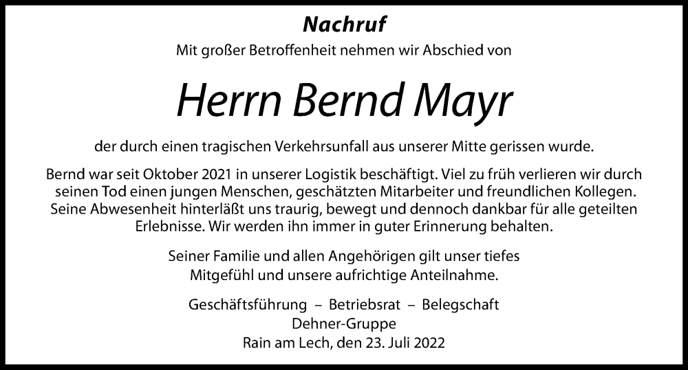 Traueranzeige für Bernd Mayr vom 23.07.2022 aus Donauwörther Zeitung