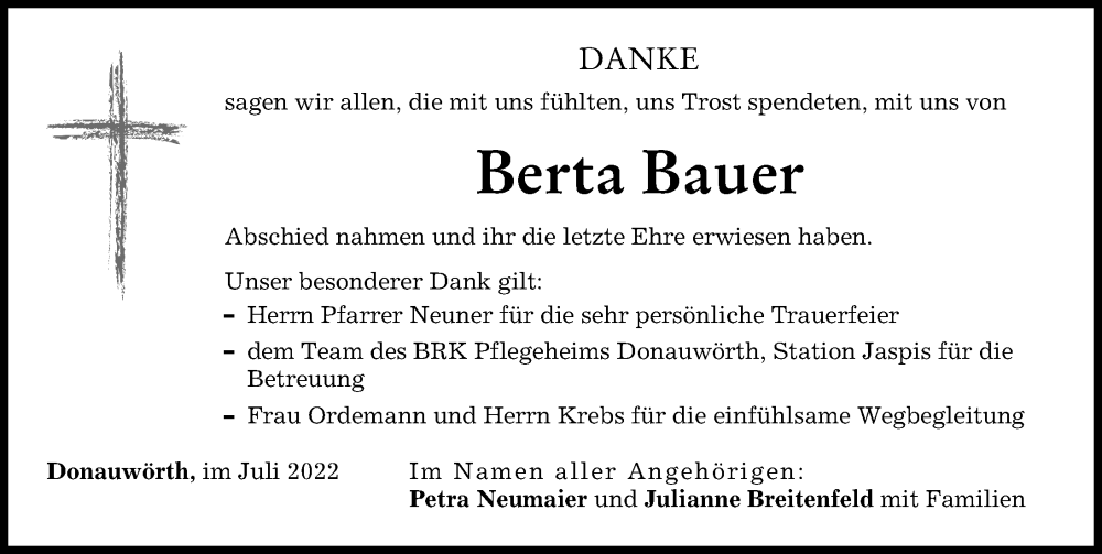 Traueranzeige von Berta Bauer von Donauwörther Zeitung