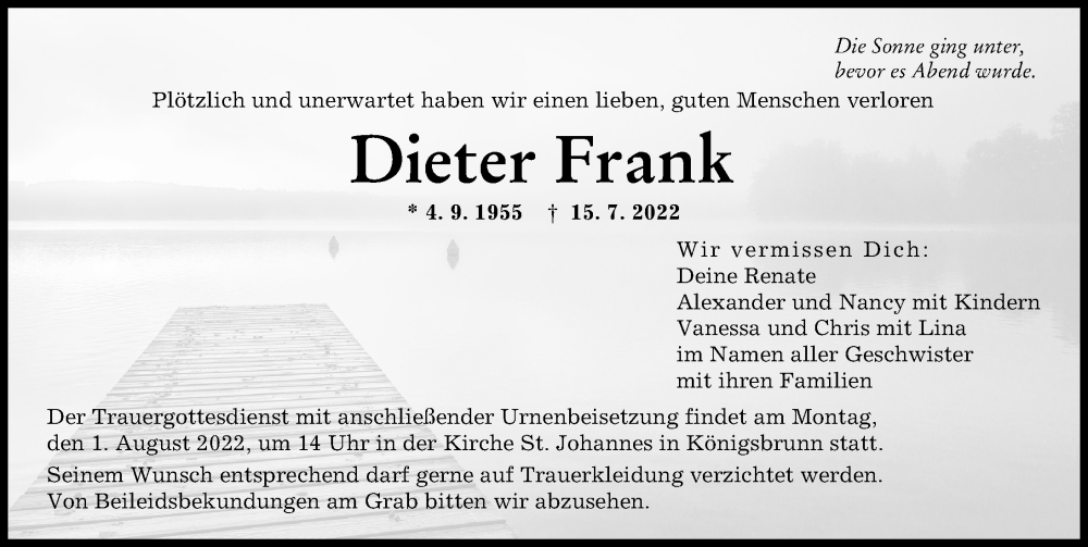  Traueranzeige für Dieter Frank vom 30.07.2022 aus Augsburger Allgemeine