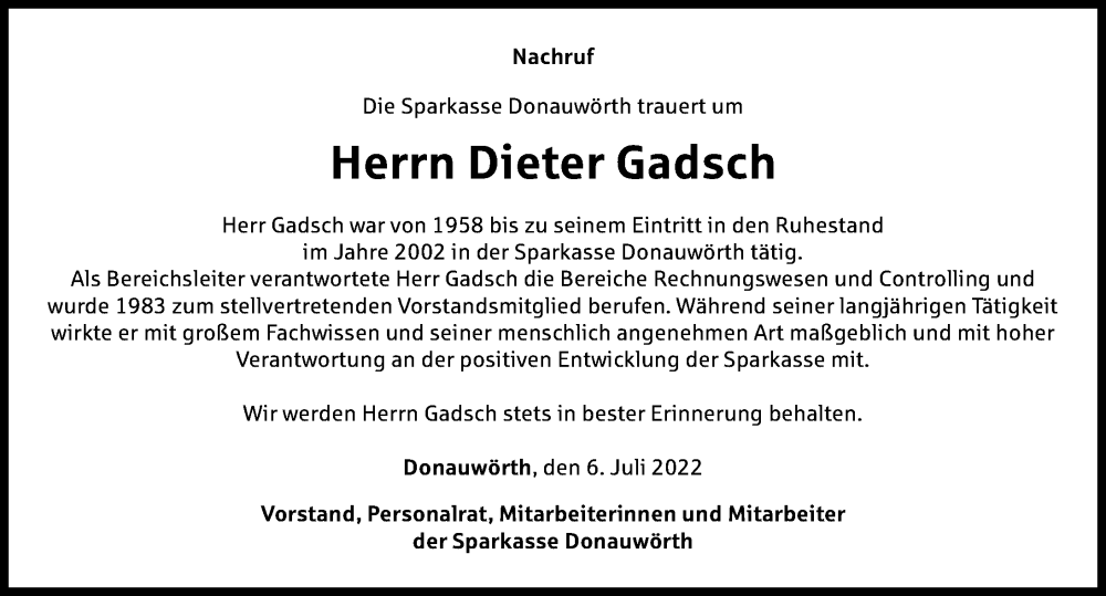 Traueranzeige von Dieter Gadsch von Donauwörther Zeitung