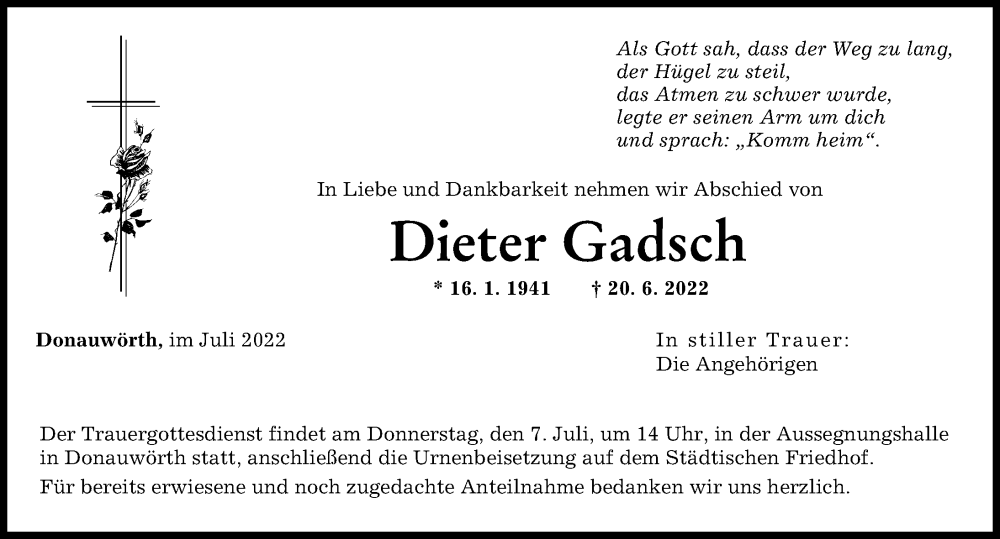 Traueranzeige von Dieter Gadsch von Donauwörther Zeitung