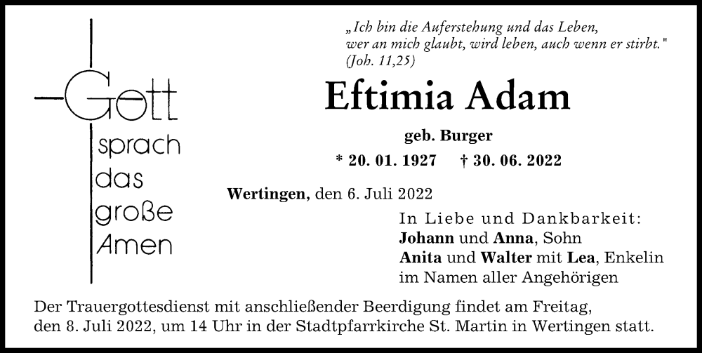 Traueranzeige von Eftimia Adam von Wertinger Zeitung