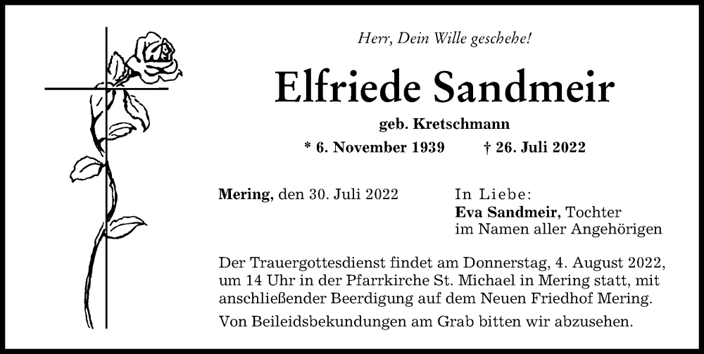 Traueranzeige von Elfriede Sandmeir von Friedberger Allgemeine