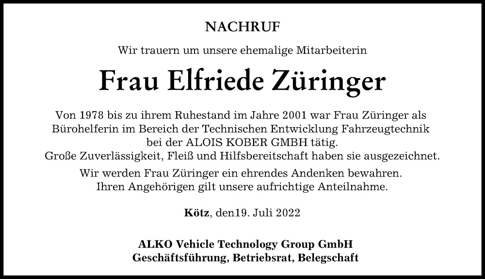  Traueranzeige für Elfriede Züringer vom 19.07.2022 aus Günzburger Zeitung