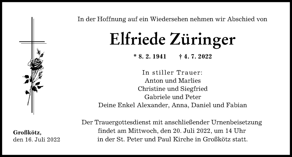  Traueranzeige für Elfriede Züringer vom 16.07.2022 aus Günzburger Zeitung