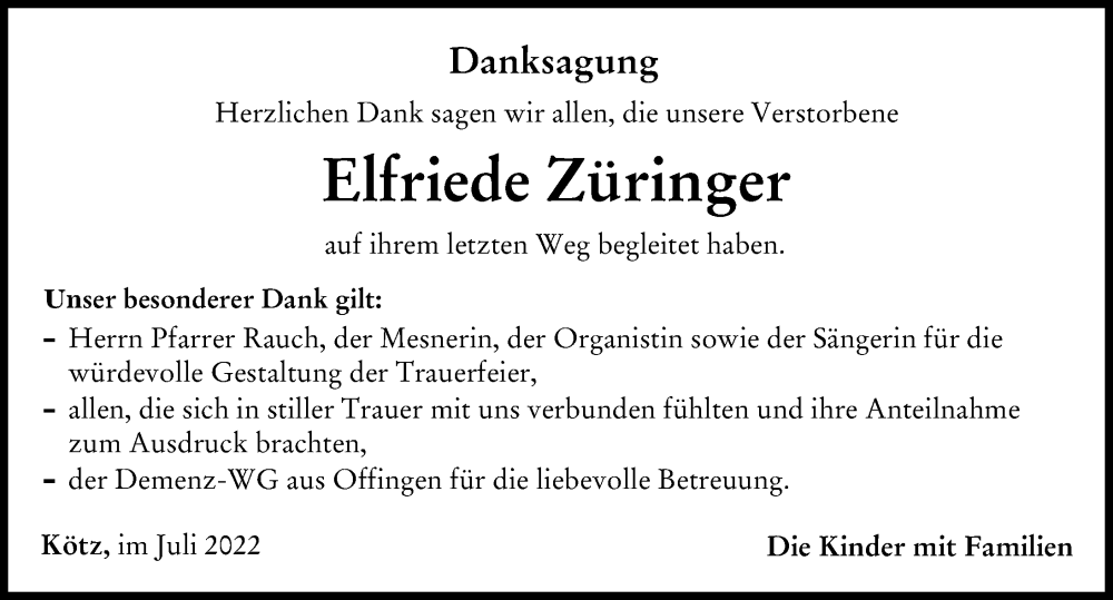  Traueranzeige für Elfriede Züringer vom 30.07.2022 aus Günzburger Zeitung