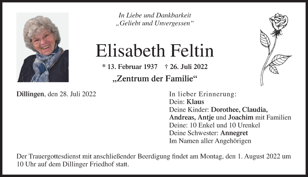 Traueranzeige von Elisabeth Feltin von Donau Zeitung