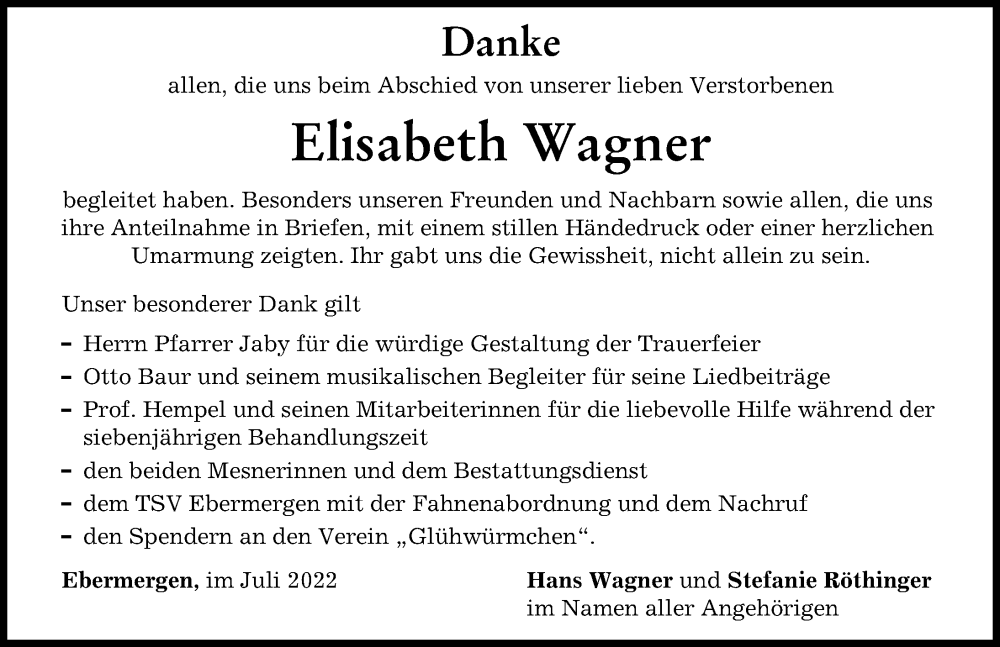 Traueranzeige von Elisabeth Wagner von Donauwörther Zeitung