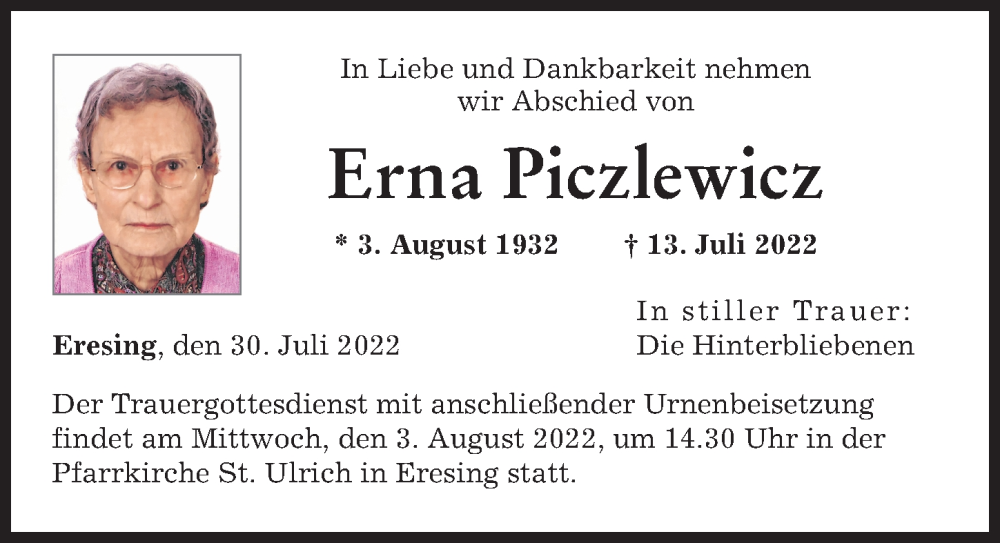 Traueranzeige von Erna Piczlewicz von Landsberger Tagblatt