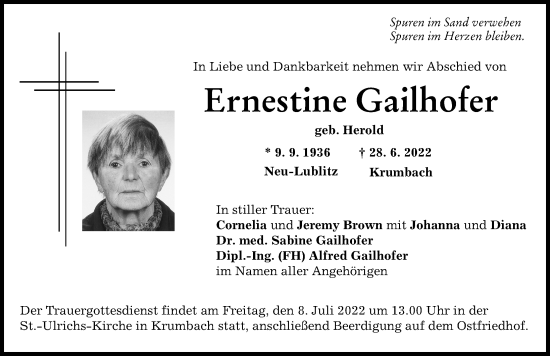 Traueranzeigen von Ernestine Gailhofer | Augsburger Allgemeine Zeitung