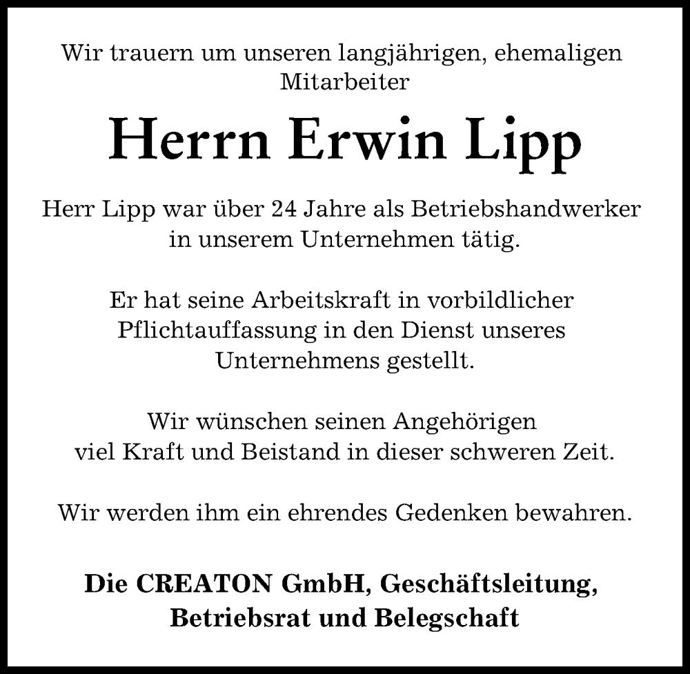 Traueranzeige von Erwin Lipp von Wertinger Zeitung