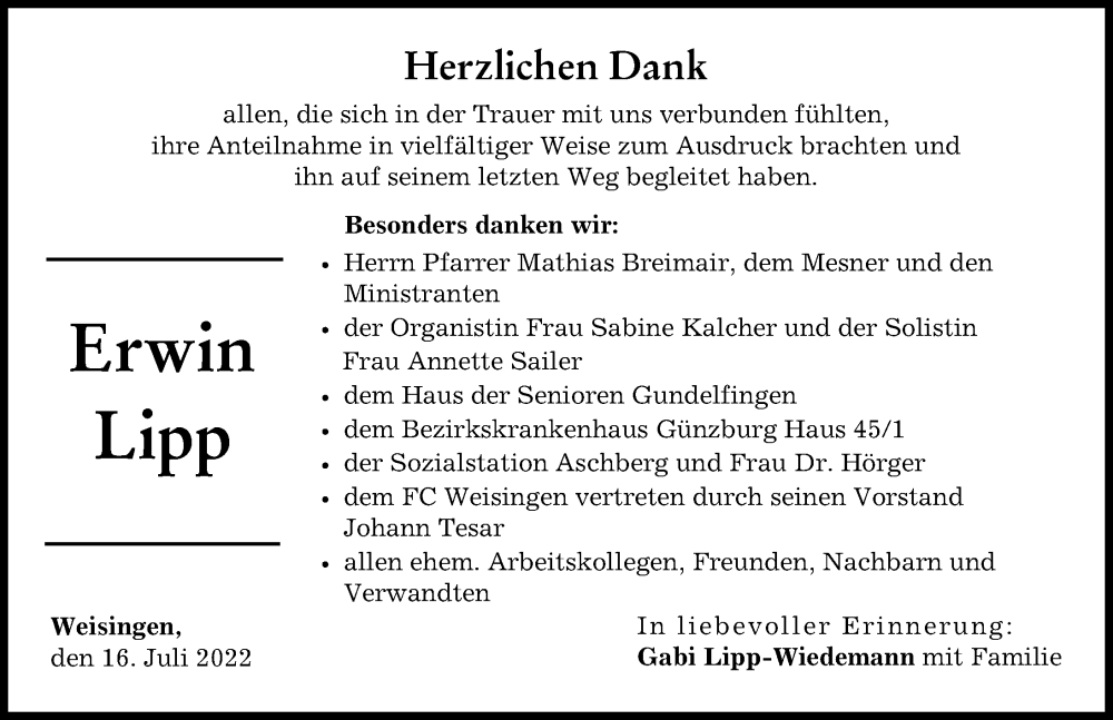 Traueranzeige von Erwin Lipp von Donau Zeitung