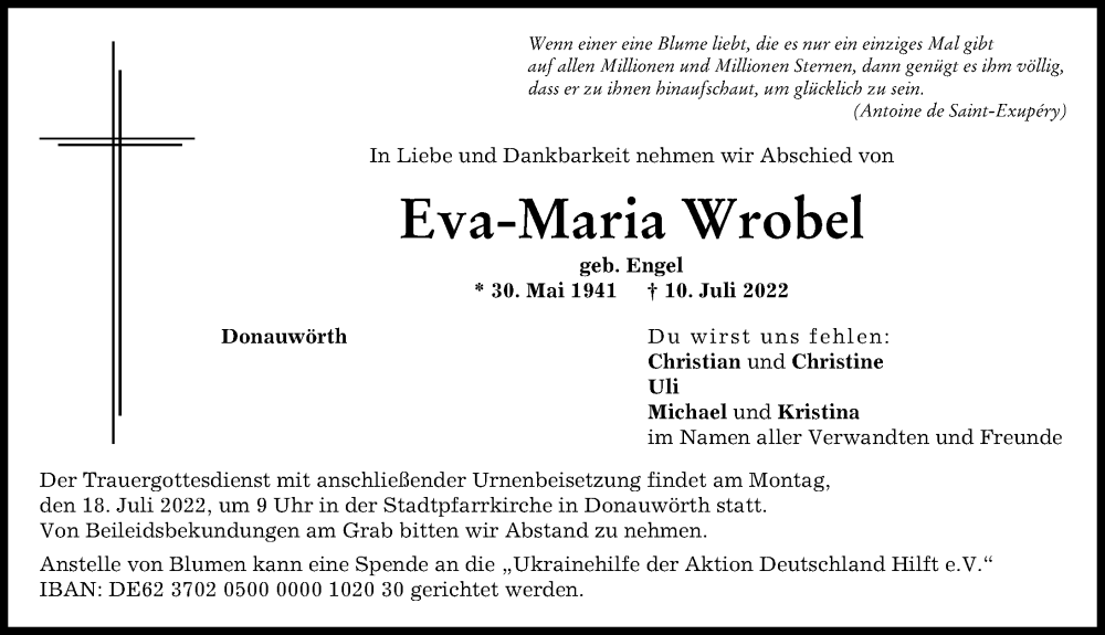 Traueranzeige von Eva-Maria Wrobel von Donauwörther Zeitung