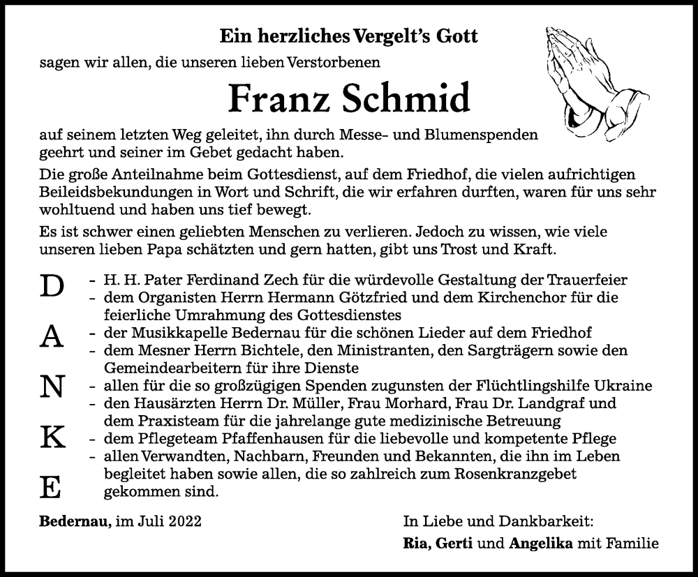  Traueranzeige für Franz Schmid vom 16.07.2022 aus Mindelheimer Zeitung