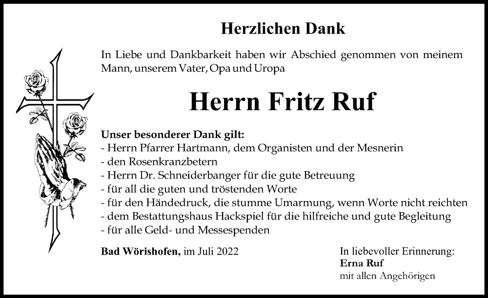 Traueranzeige von Fritz Ruf von Mindelheimer Zeitung