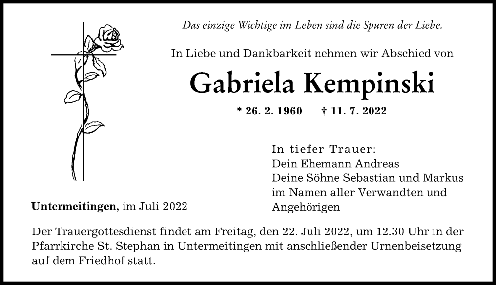  Traueranzeige für Gabriela Kempinski vom 20.07.2022 aus Augsburger Allgemeine