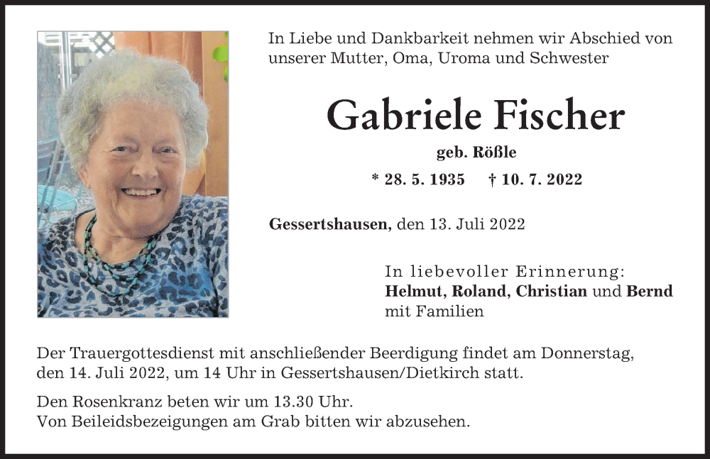  Traueranzeige für Gabriele Fischer vom 13.07.2022 aus Augsburger Allgemeine