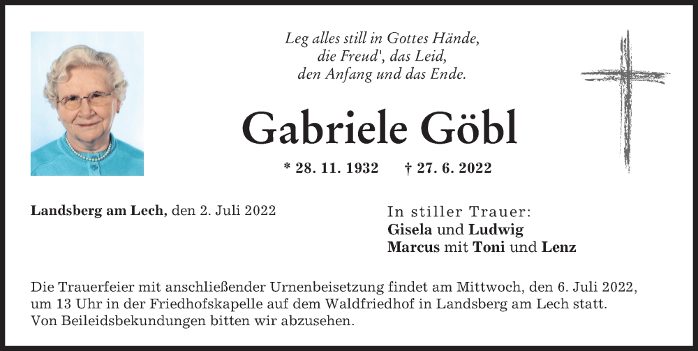 Traueranzeige von Gabriele Göbl von Landsberger Tagblatt