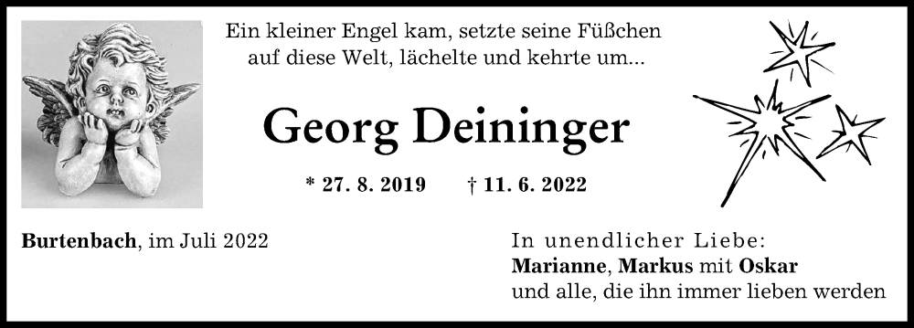  Traueranzeige für Georg Deininger vom 23.07.2022 aus Mittelschwäbische Nachrichten, Günzburger Zeitung
