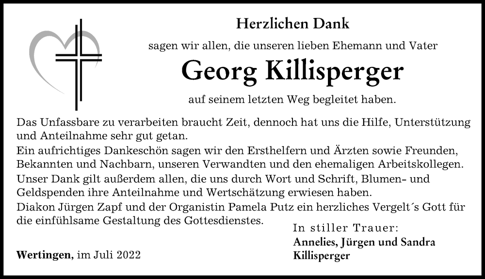 Traueranzeige von Georg Killisperger von Wertinger Zeitung