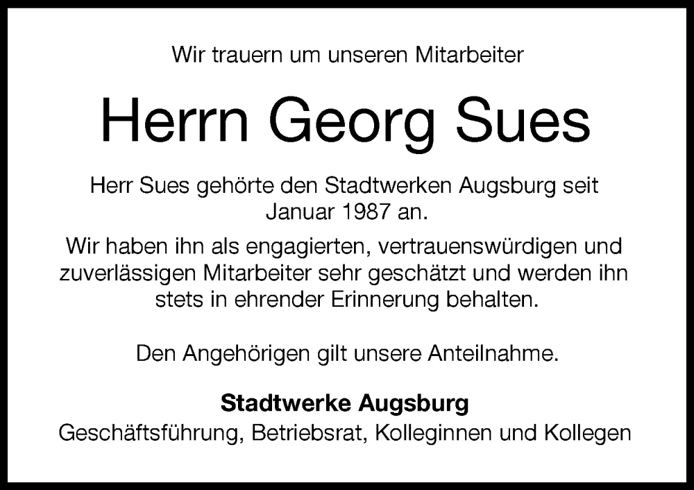 Traueranzeige von Georg Sues von Augsburger Allgemeine