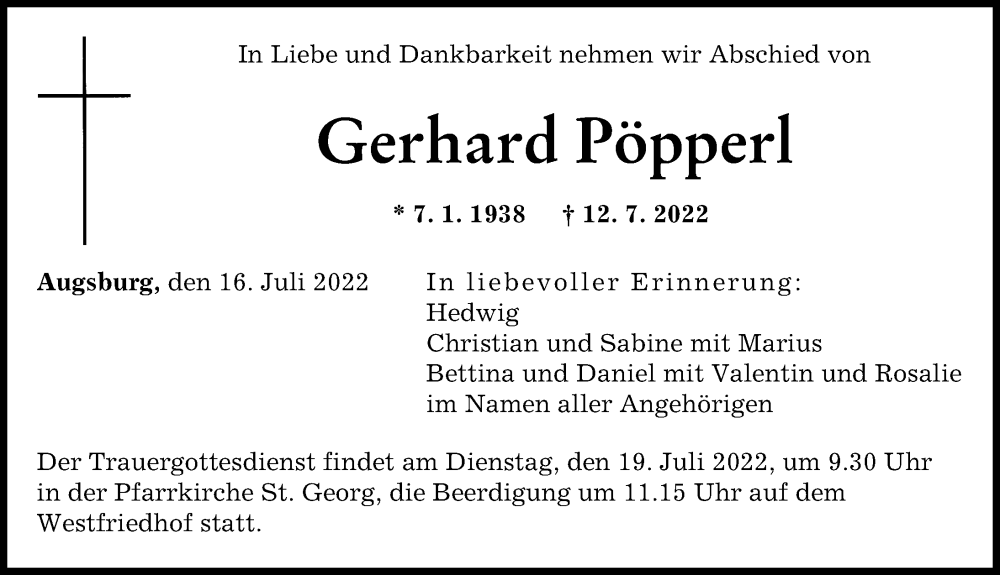  Traueranzeige für Gerhard Pöpperl vom 16.07.2022 aus Augsburger Allgemeine