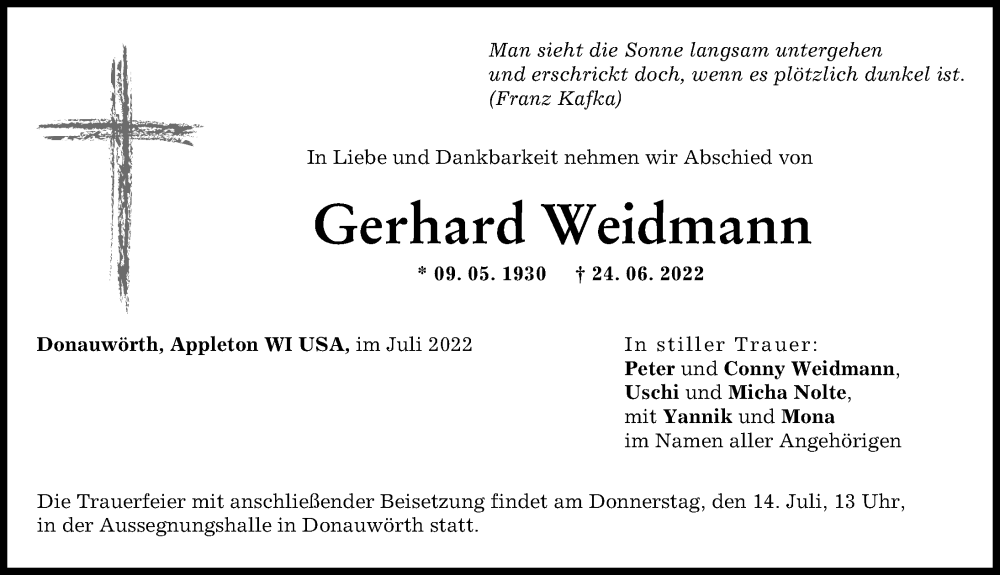 Traueranzeige von Gerhard Weidmann von Donauwörther Zeitung