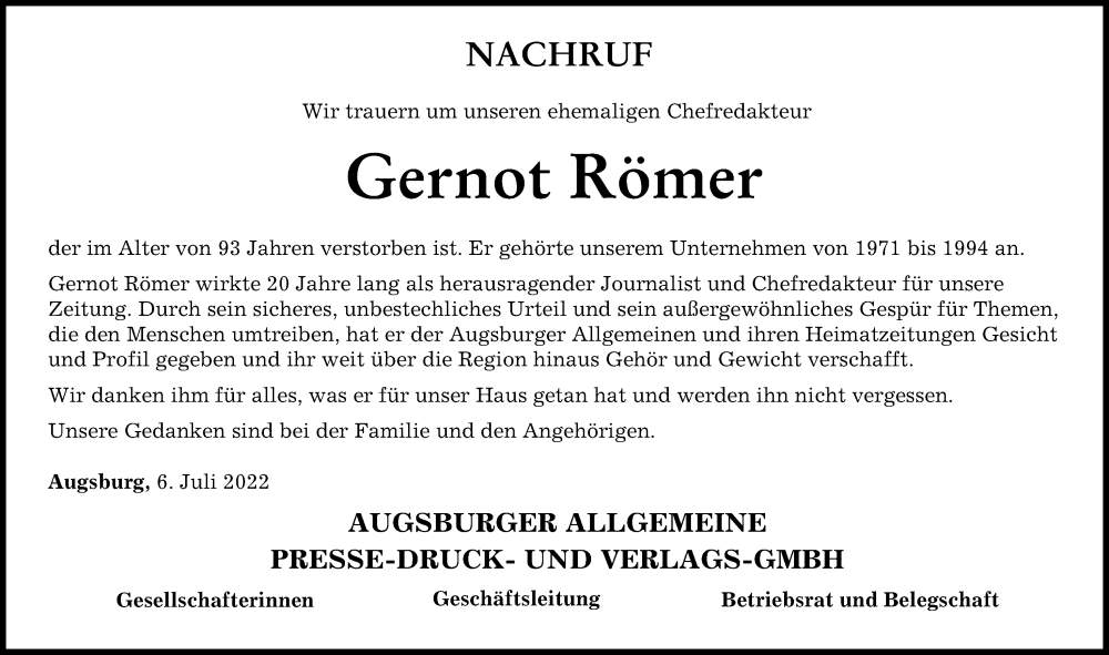 Traueranzeige von Gernot Römer von Augsburger Allgemeine
