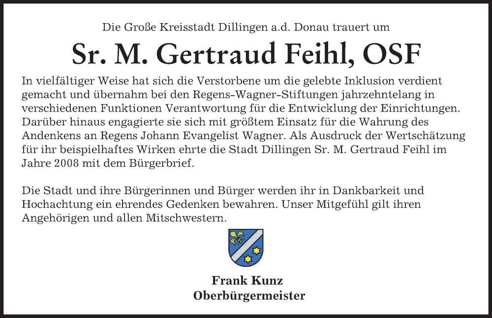 Traueranzeige von Gertraud Feihl von Donau Zeitung