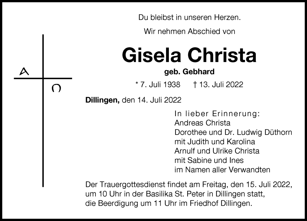 Traueranzeigen Von Gisela Christa Augsburger Allgemeine Zeitung