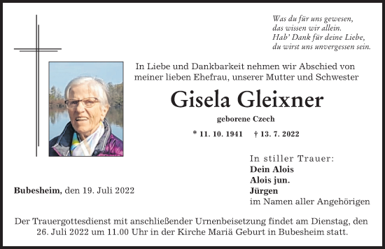 Traueranzeige von Gisela Gleixner von Günzburger Zeitung