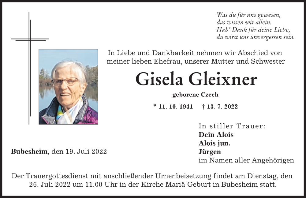  Traueranzeige für Gisela Gleixner vom 19.07.2022 aus Günzburger Zeitung
