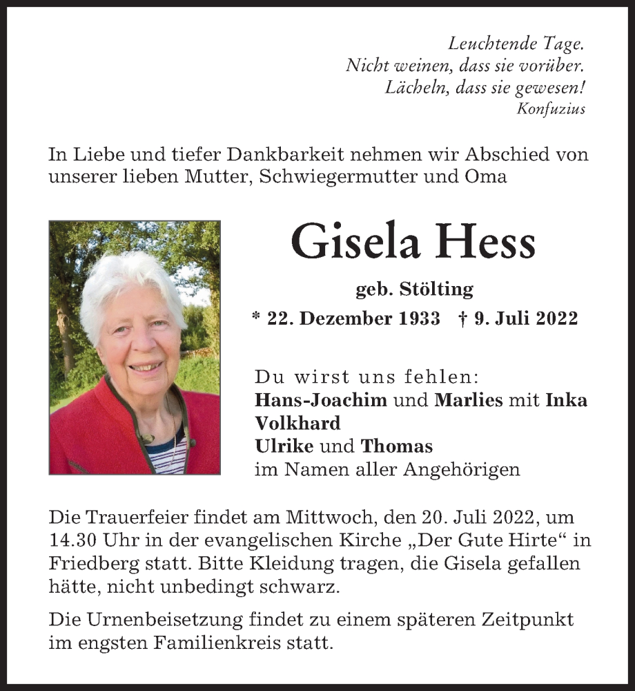 Traueranzeigen Von Gisela Hess Augsburger Allgemeine Zeitung