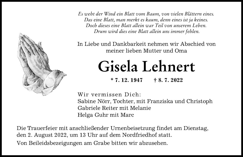 Traueranzeigen Von Gisela Lehnert Augsburger Allgemeine Zeitung