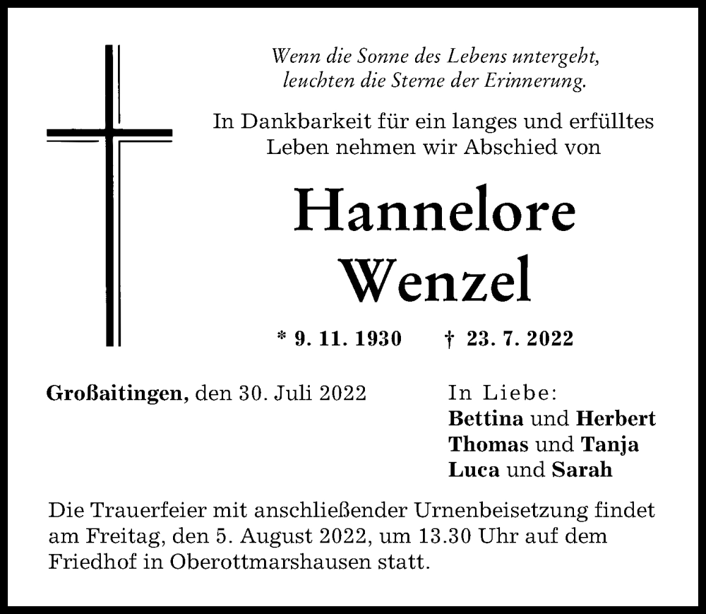 Traueranzeige von Hannelore Wenzel von Schwabmünchner Allgemeine