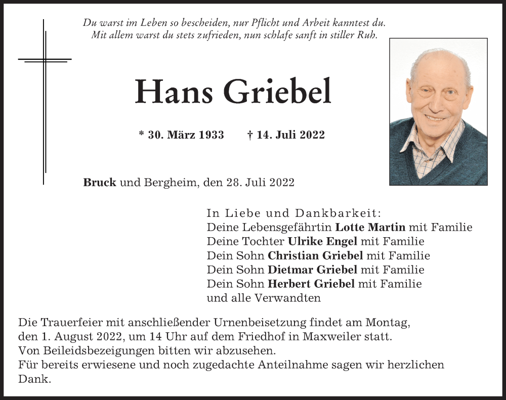 Traueranzeige von Hans Griebel von Neuburger Rundschau