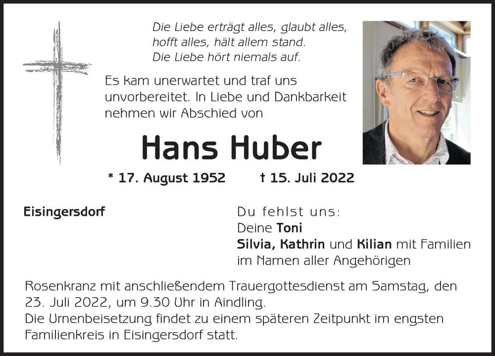  Traueranzeige für Hans Huber vom 19.07.2022 aus Augsburger Allgemeine, Aichacher Nachrichten