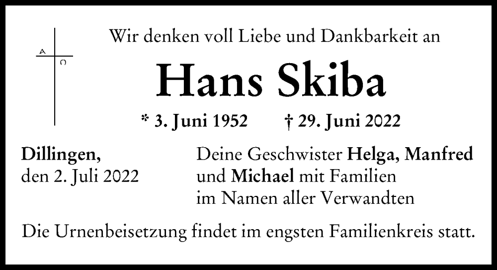 Traueranzeige von Hans Skiba von Donau Zeitung