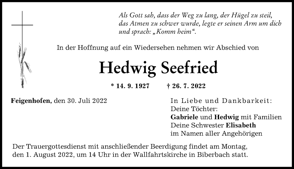 Traueranzeige von Hedwig Seefried von Augsburg-Land