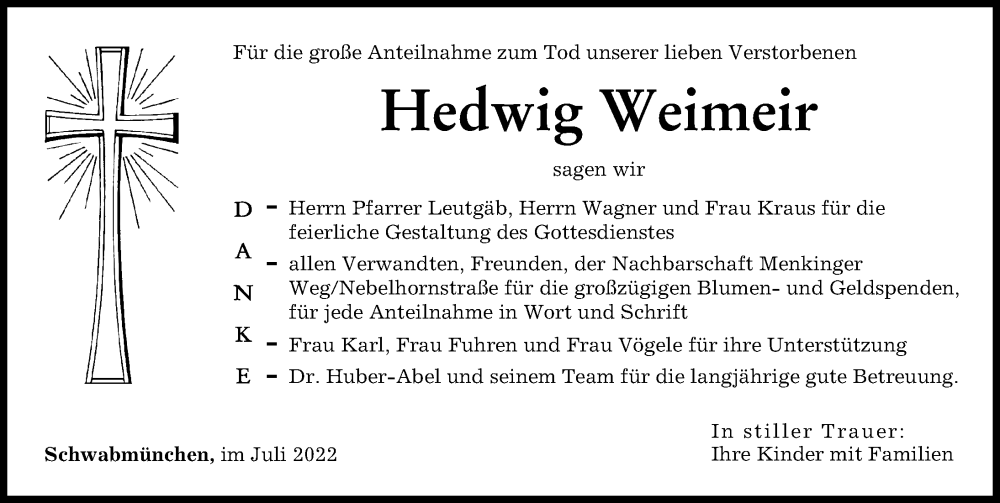 Traueranzeige von Hedwig Weimeir von Schwabmünchner Allgemeine