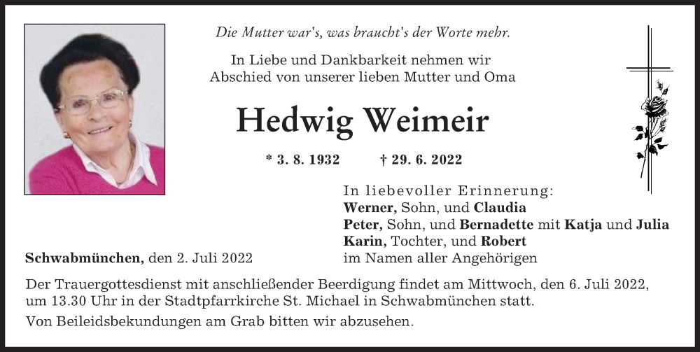 Traueranzeige von Hedwig Weimeir von Schwabmünchner Allgemeine